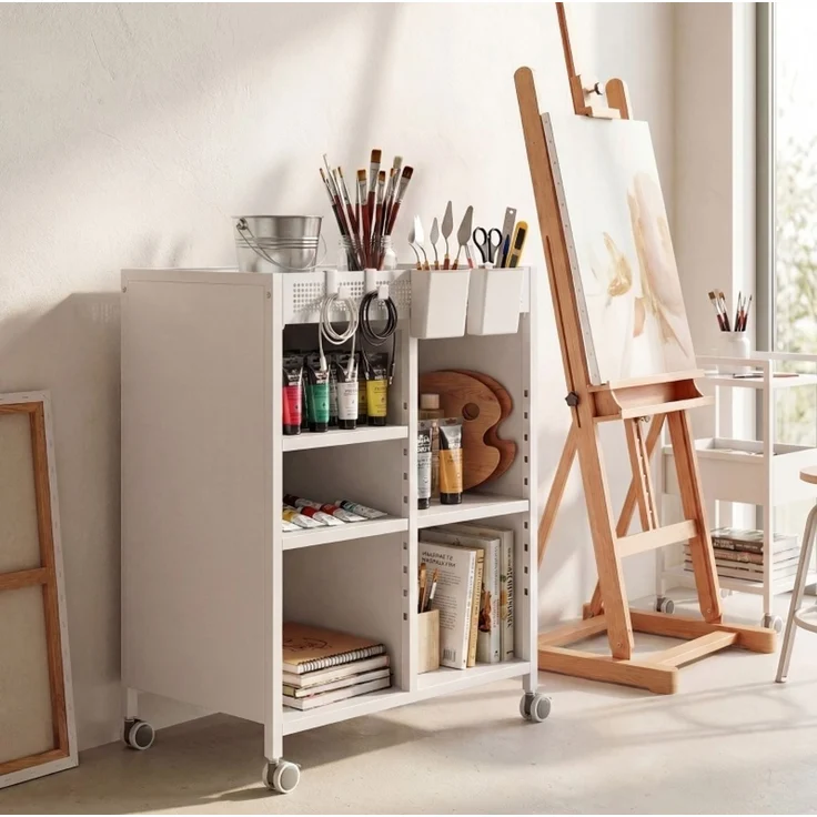 Bücherregal aus Metall auf Rollen mit verstellbaren Böden, 53x34x69,5 cm, Weiß – Bild 3
