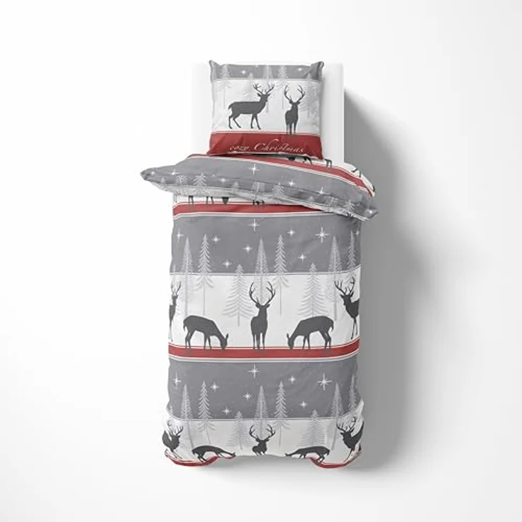 LINKHOFF Bettwäsche Winter Weihnachtsbettwäsche Cosy Christmas 135x200cm / 155x220 - 2tl, Biber Bettwäsche in Rot Grau 100% Baumwolle Weihnachts Hirsch – Bild 7
