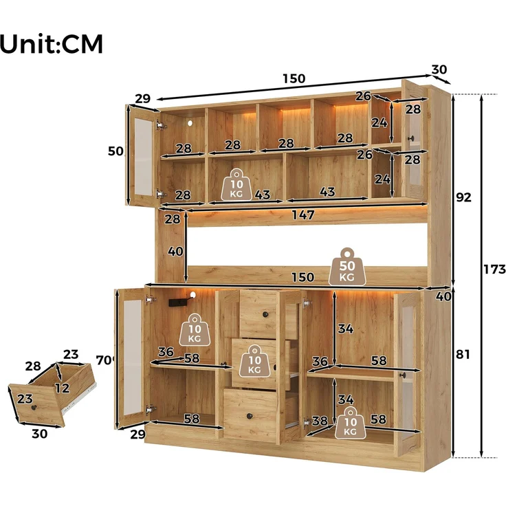 Küchenschrank, hoher Aufbewahrungsschrank mit LED-Beleuchtung und Steckdosen, Vorratsschrank mit 6 Acryltüren und 3 Schubladen, Vitrinenschrank für Wohnzimmer und Esszimmer, 150 × 40 × 173 cm--Natürlich--150x40x173cm--YOUDENOVA – Bild 3