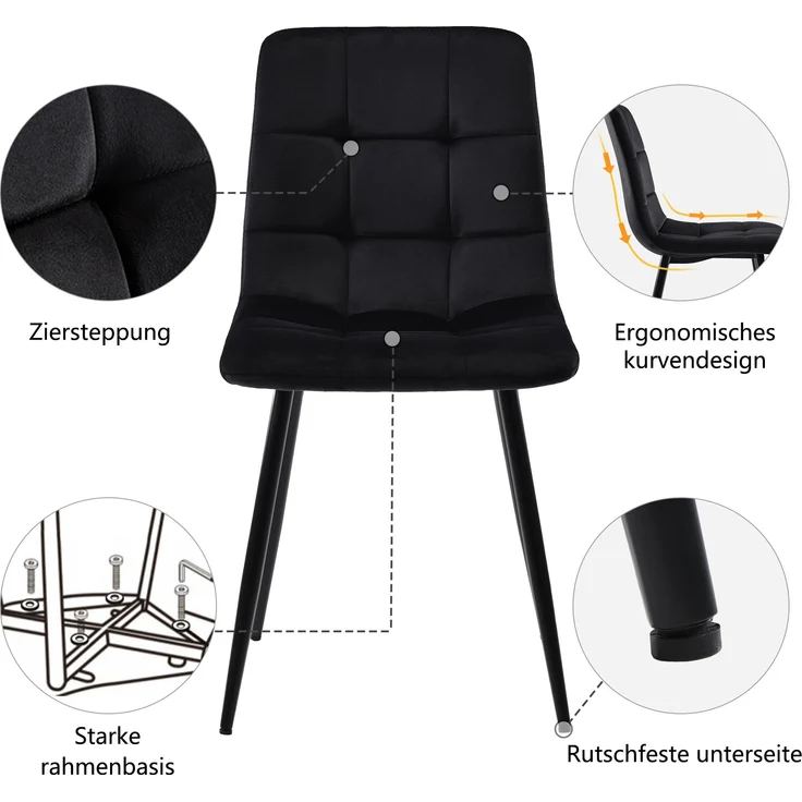 Essgruppe 5-tlg, Esstisch 140x80x75 cm Grau Marmor & 4 schwarze Samtstühle – Bild 7