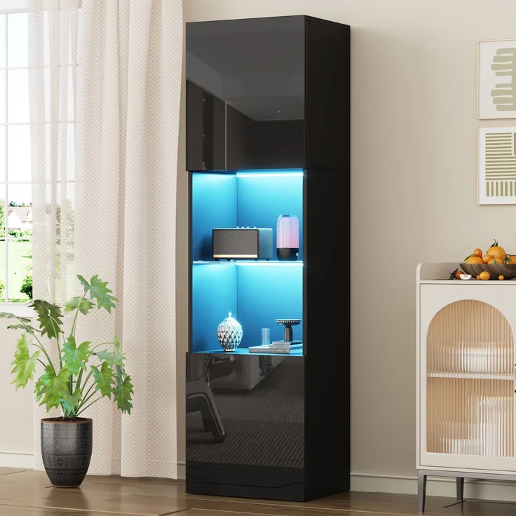 Merax 160cm Vitrinen, Hochschränke, Hochglanzvitrine mit LED-Beleuchtung, 1 Glasböden, freistehende Vitrinen, Lagerschränke, schwarz