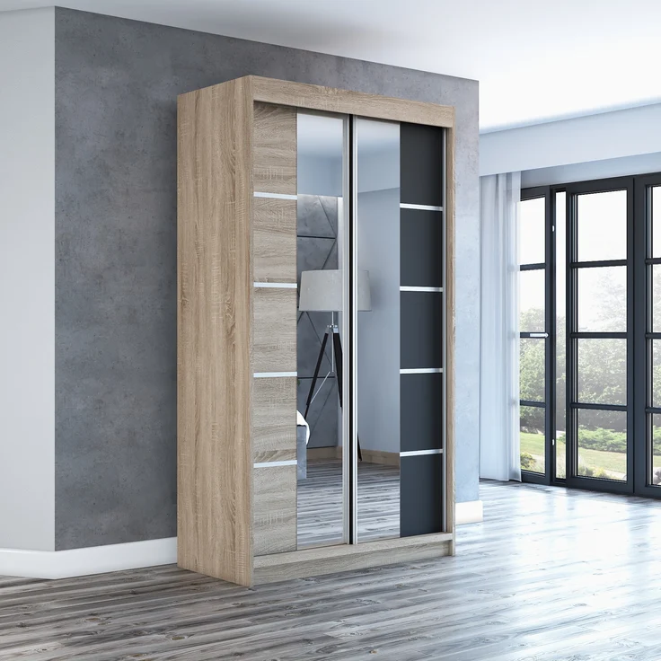 Schwebetürenschrank ERA 2-türig Schrank 120 cm (mit Spiegel) Farbe: Sonoma , schwarz – Bild 2