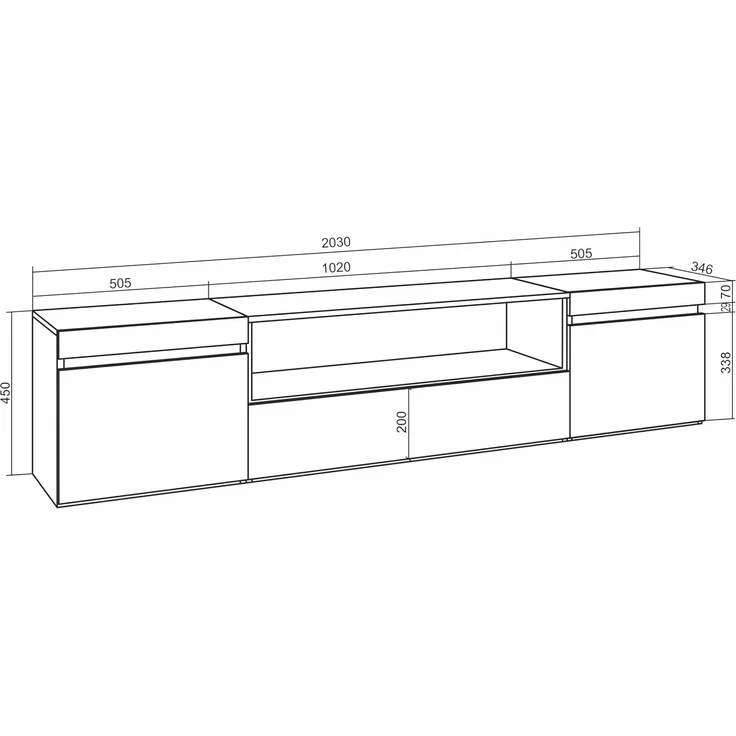 Skraut Home | TV-Schrank, Lowboard | für Wohnzimmer und Esszimmer | 200 x 45 x 35 cm | Für TV-Geräte bis zu 80" | Hängend | Moderner Stil | Weiß und Schwarz – Bild 3
