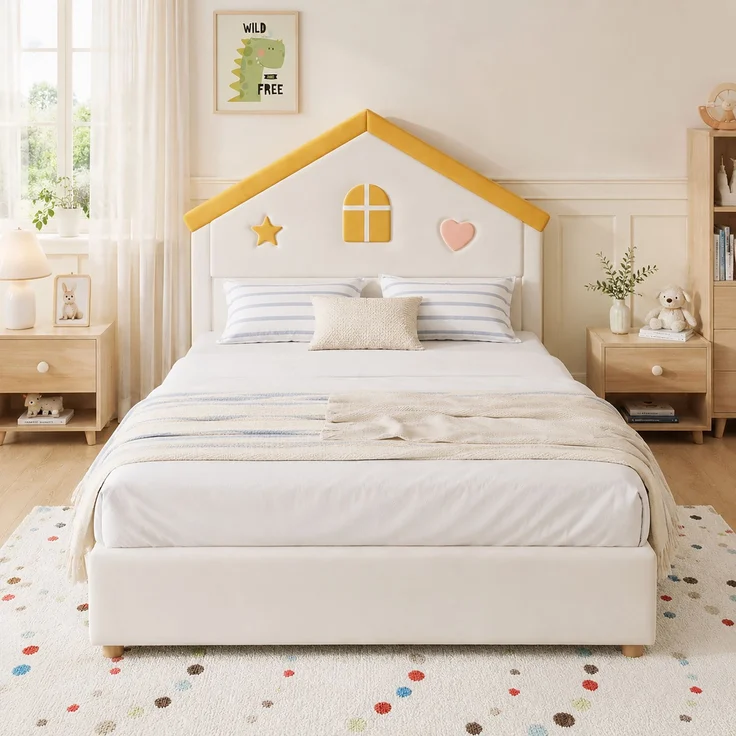 Merax Kinderbett, 140x200 cm, Polsterbett, mit 4 Schubladen, Stauraumbett, Jugendbett mit französischem Samt, gepolstertes Bett mit Haus-Kopfteil, Beige – Bild 5