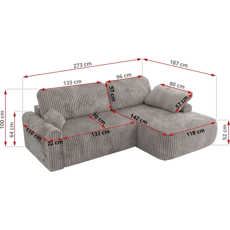 Ecksofa, L-förmiges, lose Kissen, DL-Schlaffunktion, (H 100 x T 187 x B 273 cm) - CUBO L - Cord Hellgrau - rechte Seite – Bild 6