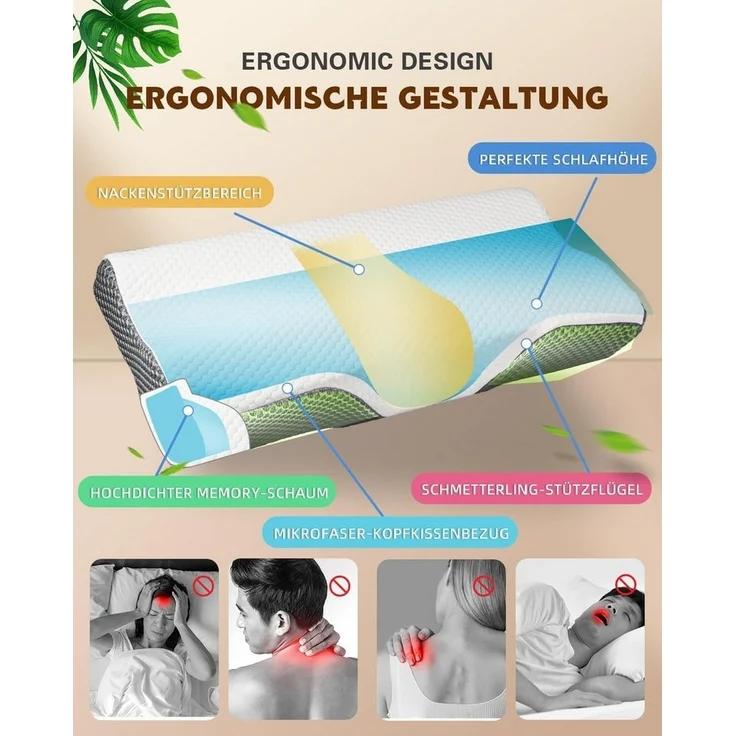 Esun Kopfkissen Nackenstützkissen, Kopfkissen, Memory Foam Kissen Seitenschläferkissen, Füllung: Memory foam, Seitenschlafer, Rückenschlafer, Bauchschlafer, Set, Kissen vom OEKO-TEX® und CertiPUR Getestet, Nackenkissen, Kopfkissen für Erwachsene – Bild 2