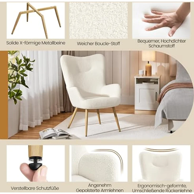 Yaheetech Ohrensessel eleganter Armsessel Polsterstuhl mit klappbare Rückenlehne Lehnsessel bis 136 kg belastbar Sessel fürs Wohnzimmer/Schlafzimmer – Bild 5