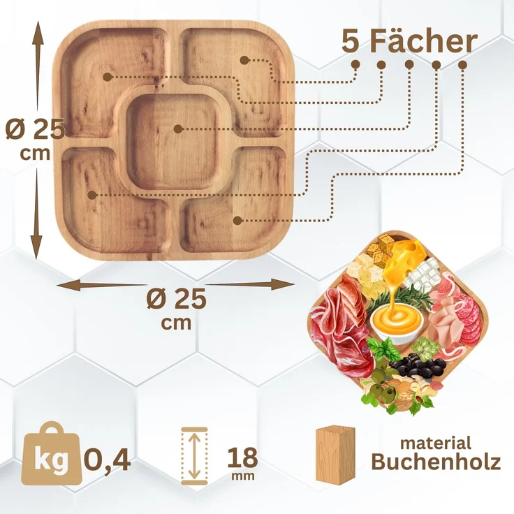 25x25cm Servierplatte aus natürlichem Holz mit 5 geteilten Fächern, Servierteller von Vorspeisen, Käse und Snacks, Holzplatte Cheeseboard für Fleisch und Käse, Käseplatte, Cheese Board – Bild 2