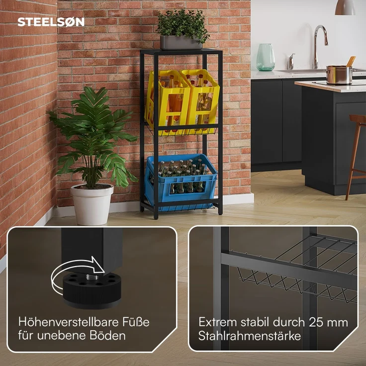STEELSØN 'Montune' Getränkekistenregal, Metall schwarz, 115x50x33 cm, Aufbewahrung für 2 Kisten mit Gitterhalterung und Ablage – Bild 5