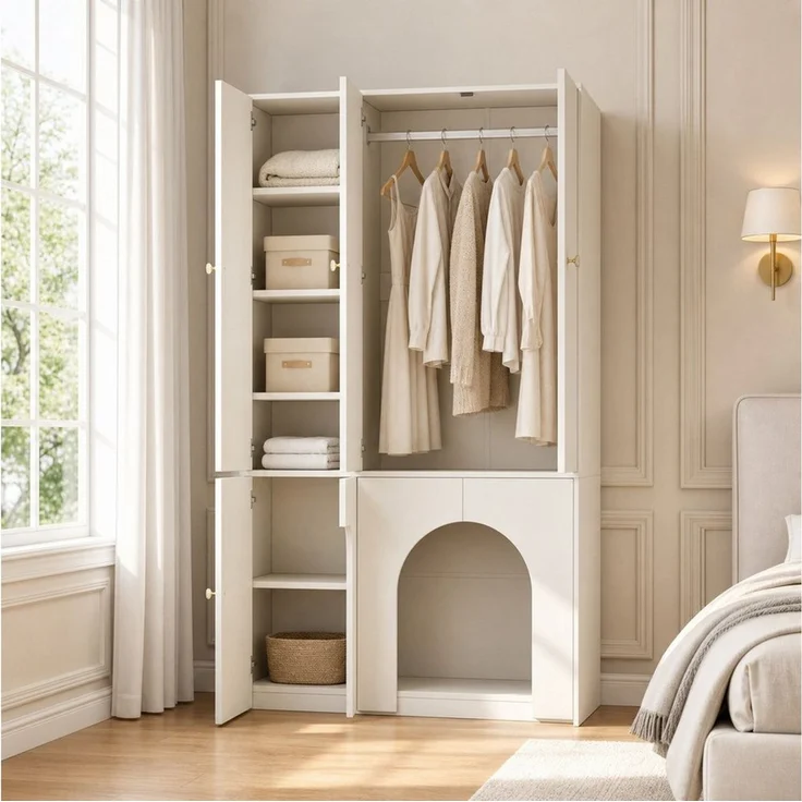 MODFU Kleiderschrank Kompakter Aufbewahrungsschrank mit Kleiderstange & 3 Türen (Packung, 1-St, Weiß, MDF, für jeden Raum) 120×50×200 cm, 3 Türen, vielseitig – Bild 2