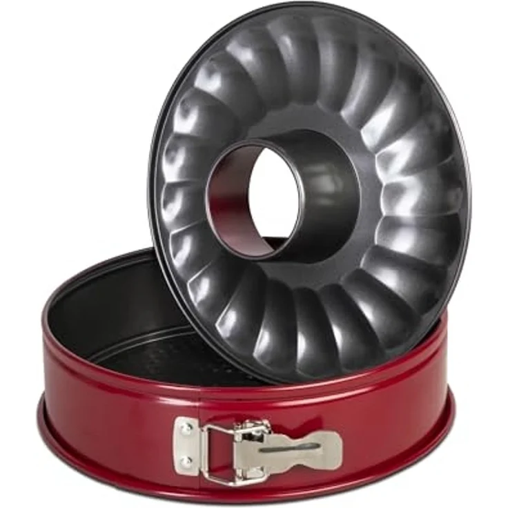 wenco Springform 26 cm, Kuchenform mit Flach- und Rohrboden, 2 Böden, runde Backform, auslaufsicher, antihaftbeschichtet, rot – Bild 2