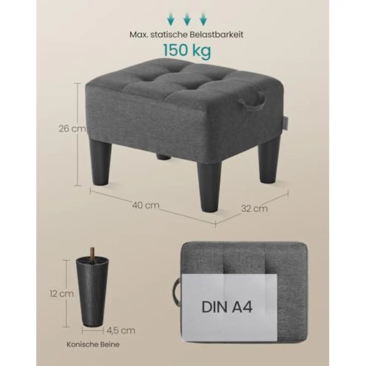 SONGMICS Fußhocker, Fleece, Hocker klein, Dicke Polsterung, bis 150 kg belastbar, für Wohnzimmer Schlafzimmer Eingangsbereich, schiefergrau-tintenschwarz LOM503GN01 – Bild 3