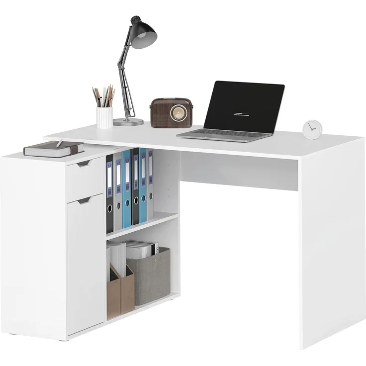 HOMCOM Eckschreibtisch mit Offenen Ablagen, Schublade, 1 Tür (Computertisch, 1-St, Winkelschreibtisch), für Dokumente im A4-Format, Arbeitszimmer, 120 x 96 x 75 cm, Weiß