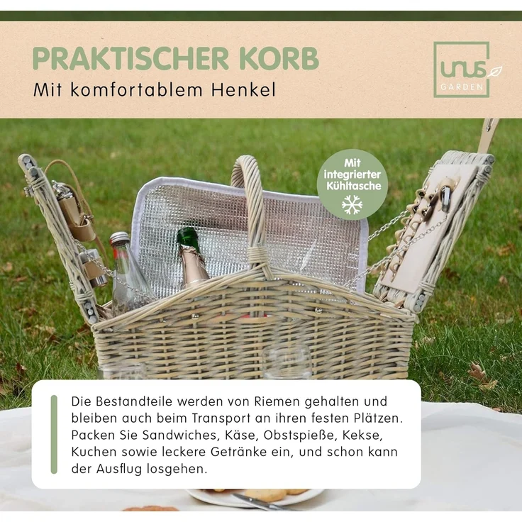 UNUS GARDEN Picknickkorb Komplettset für 2 Personen (1 St, 28/40x32x48 cm (HxBxL), inklusive Picknickdecke und inklusive Besteck, Geschirr, uvm. – Bild 3