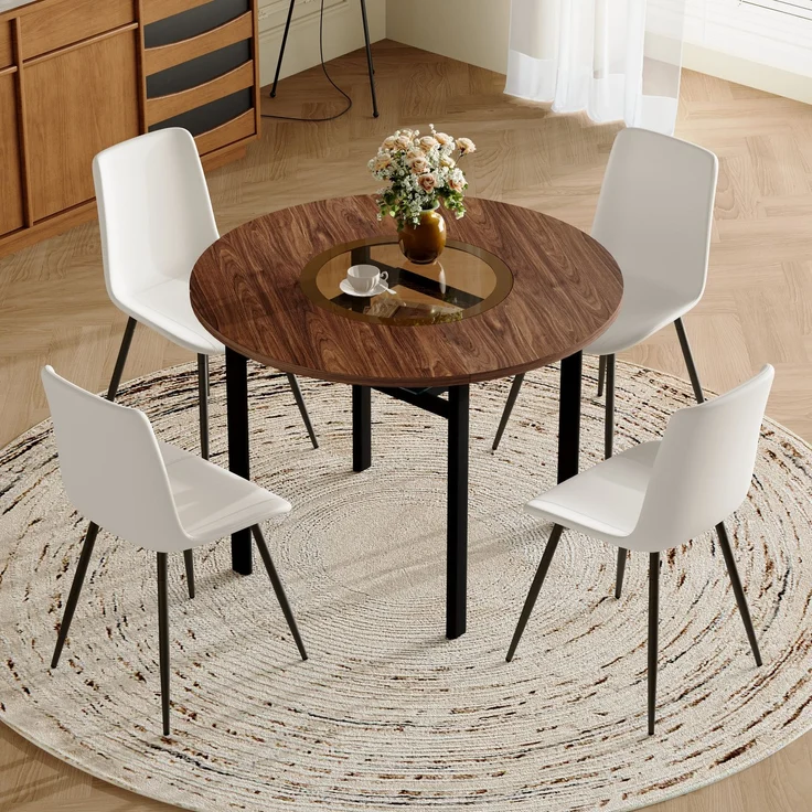 Essgruppe mit 4 Kunstlederstühlen, Tisch Ø 100x76 cm mit Glasablage, Braun/Schwarz/Weiß – Bild 2