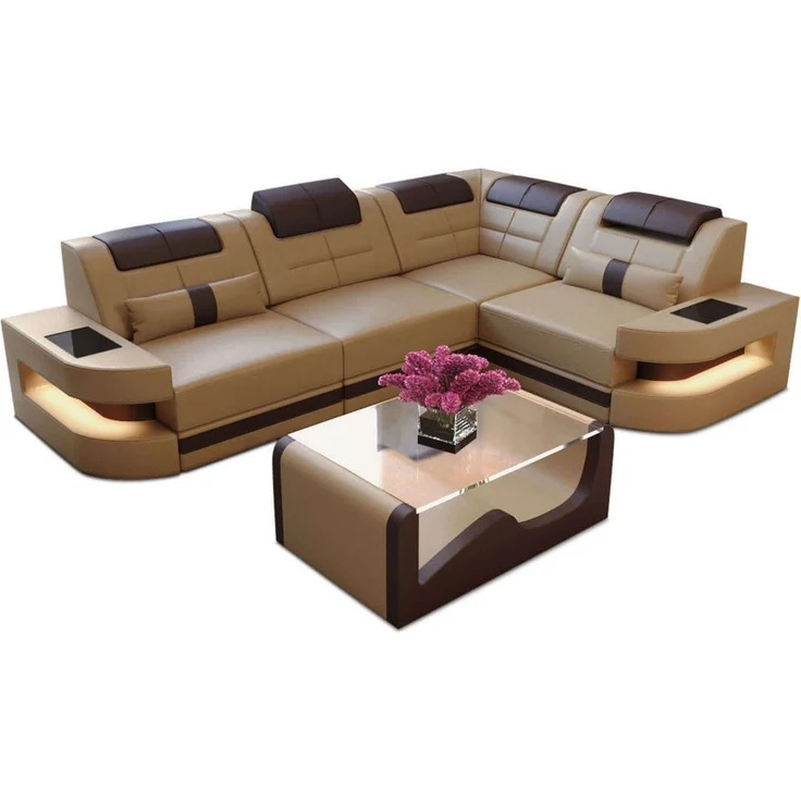 Mini Designersofa Como L-Form Leder - Echtleder - Sandbeige-Dunkelbraun - Rechts – Bild 1
