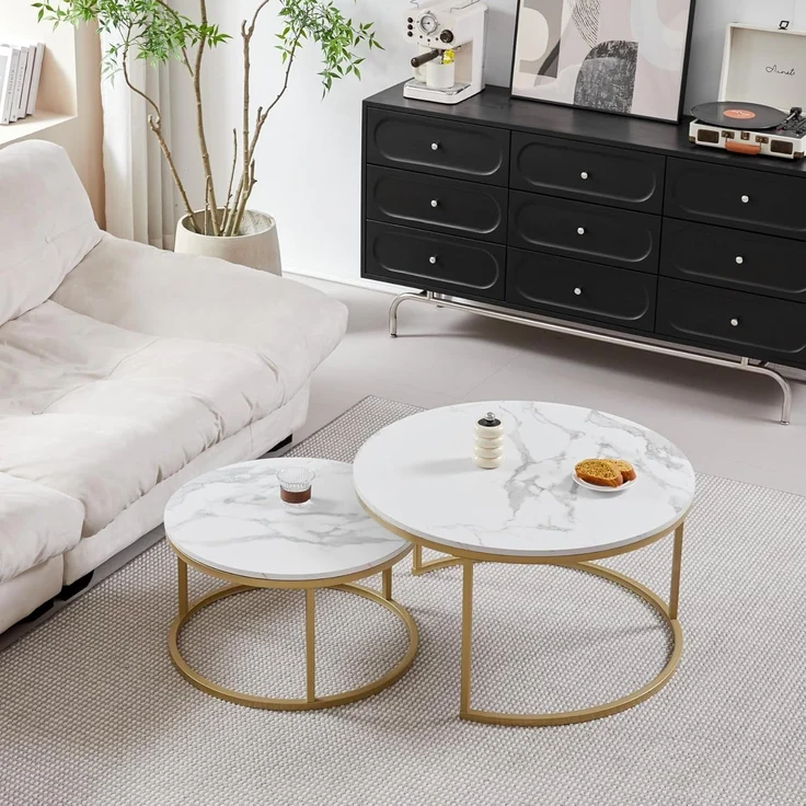 GrandCA HOME Couchtisch 2er Set,Stapelbarer Couchtisch, Couchtische Rund, Marmorierte MDF-Tischplatte, Vergoldete Metallbeine，Geeignet für Wohnzimmer, Esszimmer, Balkon（Ø80x45H cm，Ø60x35H cm） – Bild 1