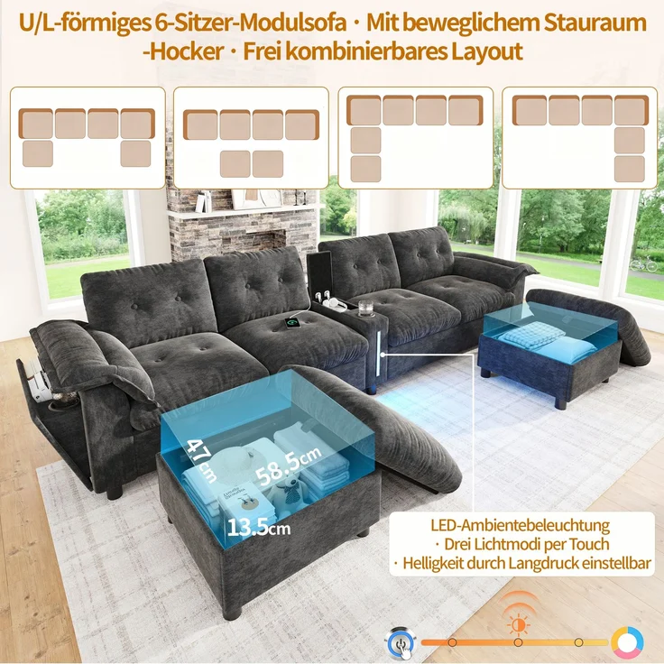 Modulares 6-Sitzer-Ecksofa, B 312 x T 142 x H 82 cm, Chenille, U- oder L-Form – Bild 7