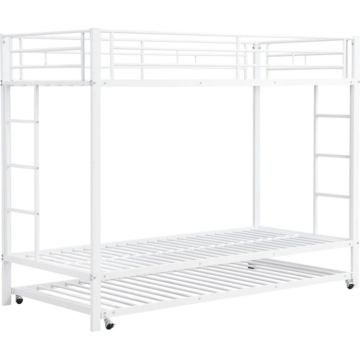 Etagenbett 90x200 cm mit ausziehbarem Rollbett, Metallrahmenbett mit hohem Sicherheitsgeländer, Kinderbett mit Doppelbettfunktion,Weiß – Bild 8