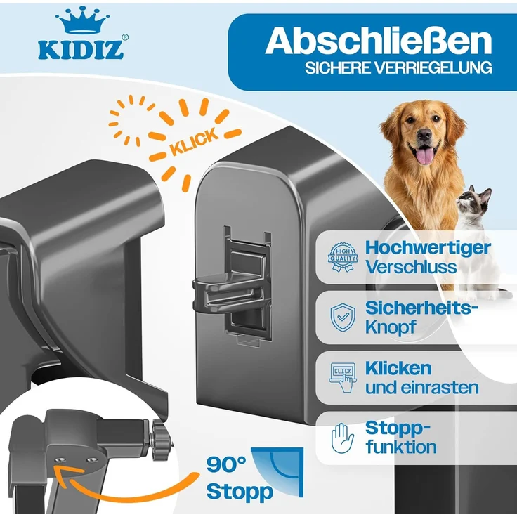 KIDIZ® Schutzgitter für Treppen, Auto Close Treppenschutzgitter ohne Bohren, 90° Stop, schwenkbare Trennwand, Klemmen, Anthrazit, 102 - 115 cm – Bild 3