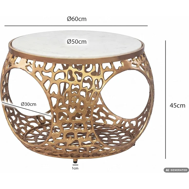 Couchtisch 60cm Aluminium Gold mit weißer Marmor Tischplatte - Runder Wohnzimmertisch mit Stauraum - Design Sofatisch - Moderner Loungetisch - Edler Beistelltisch Wohnzimmer Handgefertigt – Bild 3