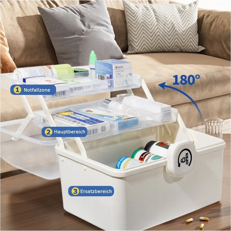 Zedelmaier Aufbewahrungsbox Medikamenten Aufbewahrung Medizinbox Apothekenbox HausapothekeBox Groß (STB106), Tragbar, Kindersicherung, 3 Treppenabteile – Bild 2