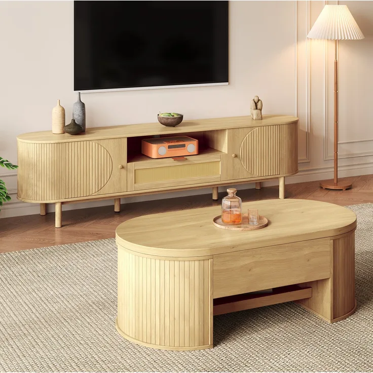 DESVIAE Couchtisch-Set 2-tlg. höhenverstellbar mit TV-Schrank 110x40x55,5 cm / 175x41x36 cm MDF Natur