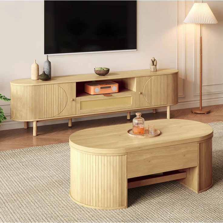 DESVIAE Couchtisch-Set 2-tlg. höhenverstellbar mit TV-Schrank 110x40x55,5 cm / 175x41x36 cm MDF Natur – Bild 1