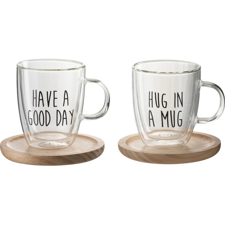 J-LINE / Tasse & Untertasse mit Text Glas/Holz 2er Set / Holz, Glas / Transparent, Naturfarben / L14,00xB14,00xH12,50cm