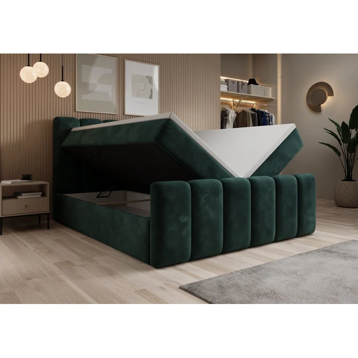 thematys Boxbett mit Bettkasten 140x200cm, mit Bonnellfederkernmatratze H3, Bouclé/Velours, mit Stauraum, mit 3 cm Topper, Dunkelgrün (Velluto 10), Art.-Nr. S0ZH40NON8A – Bild 4