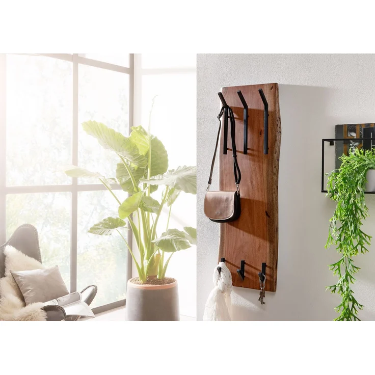 Wohnling Wandgarderobe Akazie Massivholz Metall Hakenleiste 2-reihig 35,5x100x11cm Braun – Bild 6