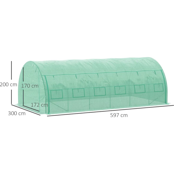 Wohnora-Foliengewächshaus Polytunnel 6x3x2m mit UV-Schutz, begehbar, aufrollbare Abdeckungen aus Stahlrohr, grün,H 200cm x T 597cm x B 300cm – Bild 2