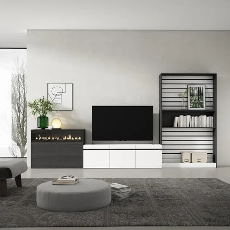 Skraut Home | Wohnwand Wohnzimmer | Wohnzimmermöbel, Möbelset | 360x186x35cm | Für TV-Geräte bis zu 65" | Elektrokamin. | Moderner Stil | Weiß und Schwarz – Bild 2