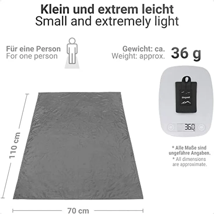 Siegvoll Mini Picknickdecke Grau, Ultraleichte Stranddecke 70x110 cm – Bild 2