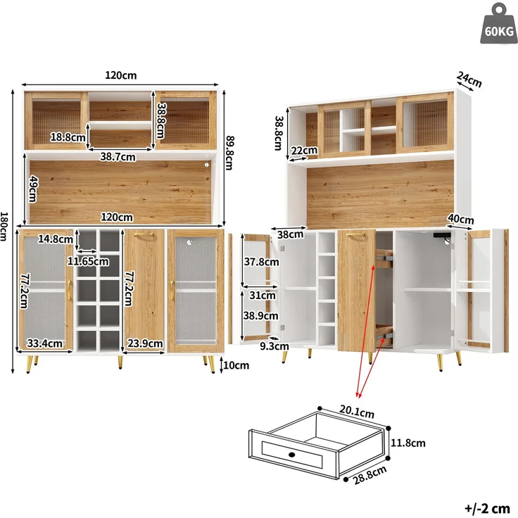 EINHOM Seitenboard / Aufbewahrungsschrank / Multifunktions-Küchenschrank / Buffetschrank, 120 x 40 x 180 cm, mit LED-Beleuchtung, Weinregal & Snackregal, 5 Türen, Integrierte Steckdose, Weiß mit Holzoptik – Bild 2