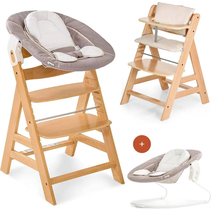 Hauck Alpha Newborn Set - Baby Holz Hochstuhl ab Geburt mit Liegefunktion inkl. Aufsatz für Neugeborene und Hochstuhlauflage, mitwachsend, höhenverstellbar - Natur Beige