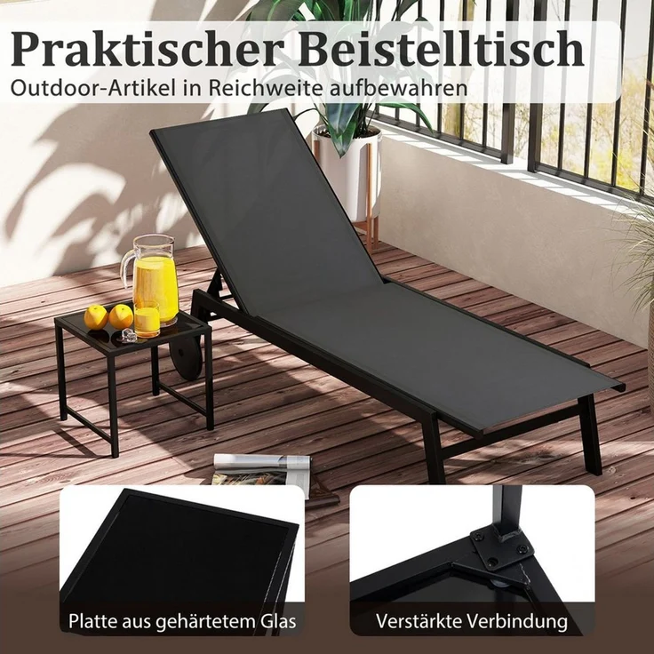 COSTWAY Gartenliege, 2 St, Liegestuhl-Set verstellbar mit Tisch, Rollen – Bild 3