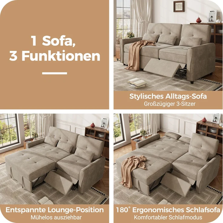 Schlafsofa 3-Sitzer,83 x 176 x 148 cm, Braun, Chenille, ausziehbar mit verstellbarer Rückenlehne – Bild 9