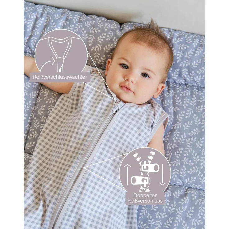 molis&co. Baby-Schlafsack. 0.5 TOG. Größe: 60 cm (0 Monate). Ideal für den Sommer. Vichy Grey. 100% Baumwolle (Oeko-TEX 100). – Bild 2