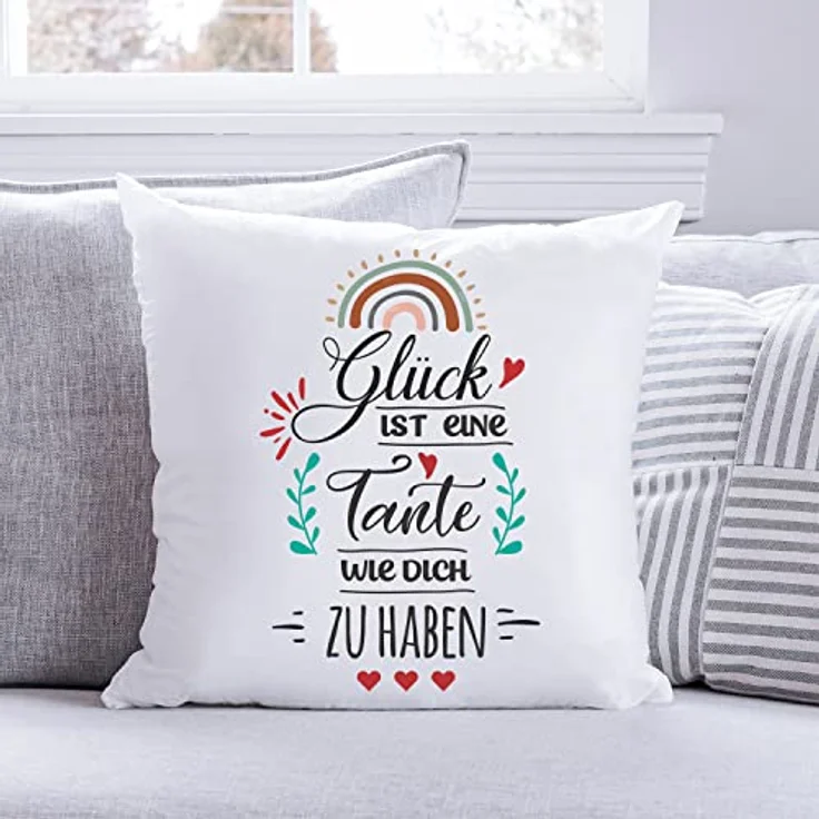 GRAVURZEILE Zierkissen mit Spruch - Glück ist - Geschenk für Freunde & Familie -, starke Farben ohne verblassen - Tante - mit Füllung – Bild 3