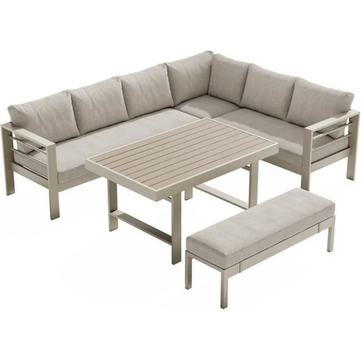 MeXo Gartenlounge-Set XXL Gartenmöbel Set Aluminium für 6-8 Personen, (Dining Loungeset Outdoor, 5-tlg, mit 12 cm dicken Sitzkissen, pflegeleichte Polywood-Tischplatte), wetterfeste Ecklounge mit Esstisch – Bild 4