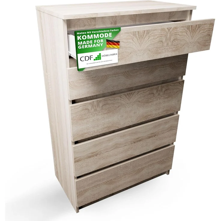 CDF Kommode Malwa M5 | Farbe: Eiche Sonoma | Schrank für Dokumente, Kleinigkeiten | Ideal für Wohnzimmer, Schlafzimmer, Kinderzimmer, Jugendzimmer und Büro | 5 geräumige Schubladen – Bild 1
