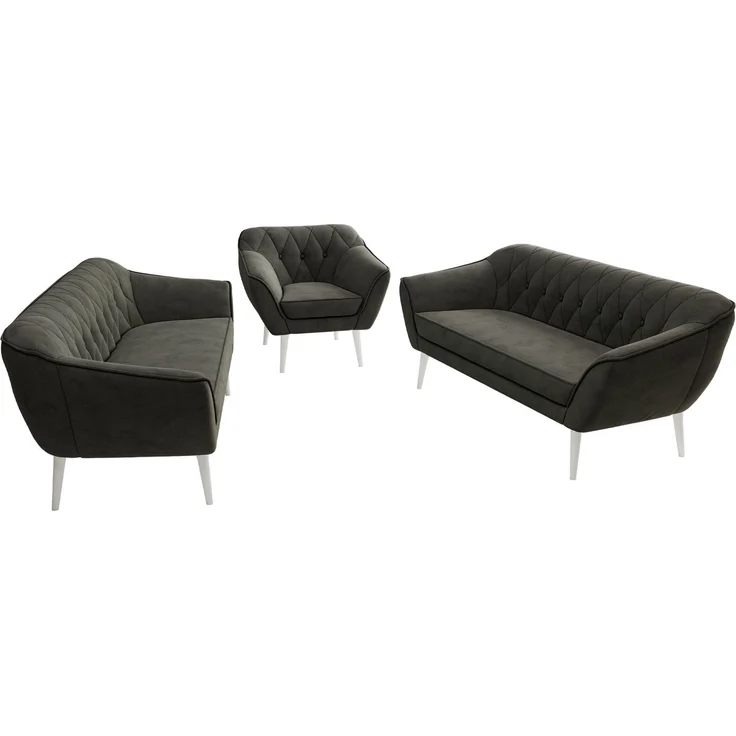 Wohnzimmerset, Möbelset PIRS 3-3-1, Armlehnen, Wellenfederung, weiße Füße, Dreisitzer Sofas mit Sessel, Polstermöbel Set - Dunkelgrau Velvet – Bild 8