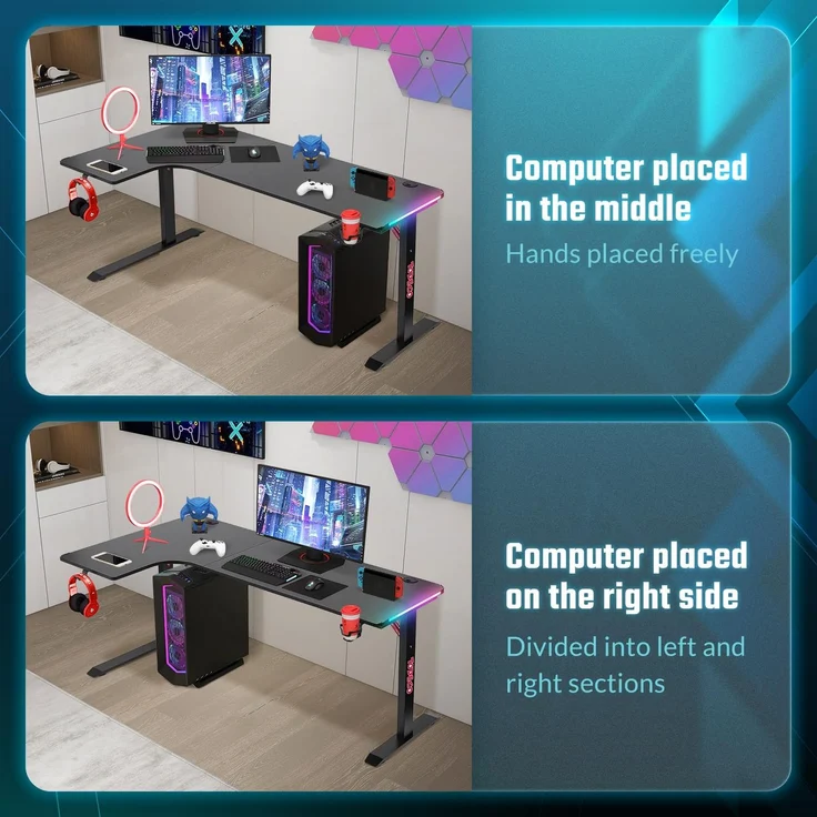 Todeco L-förmiger Gaming-Computertisch mit LED-Leuchten, Eckschreibtisch 160 x 100cm Gaming Schreibtisch, PC Tisch Gaming mit Kohlefaseroberfläche, mit Kopfhörerhaken Getränkehalter – Bild 3