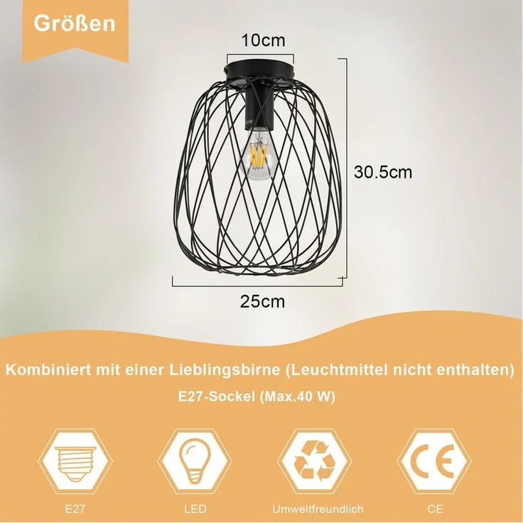 Nettlife Deckenleuchte Schwarz Vintage Kaefig Deckenstrahler E27 Lampenfassung Metall, LED wechselbar, Einzeln Esszimmerlampe für Wohnzimmer Küche Schlafzimmer Flur – Bild 2