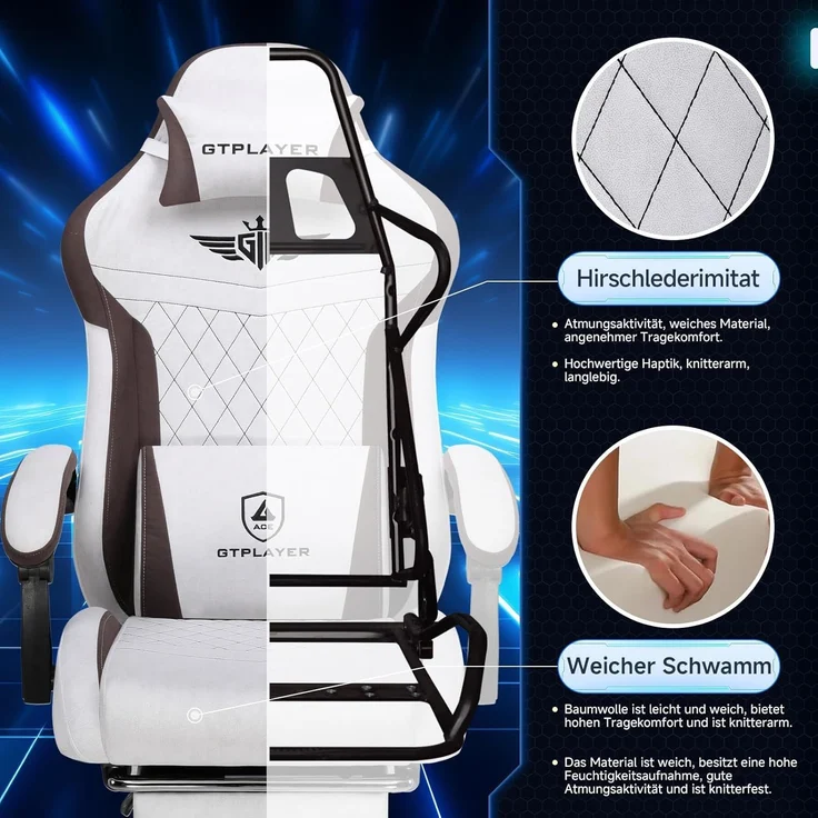 GTPLAYER Gaming-Stuhl Stoff Gaming Chair Ergonomisch Bürostuh PC Stuhl, 150kg Belastbarkeit, Schreibtischstuh mit Federsitzkissen und Fußstütze – Bild 5
