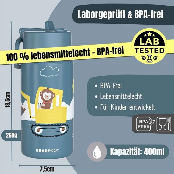 BEARFOOT Trinkflasche Thermo Kinder Trinkflasche Edelstahl - Bagger, Thermosflasche, auslaufsicher, Edelstahl, Kinderflasche, BPA-frei – Bild 4