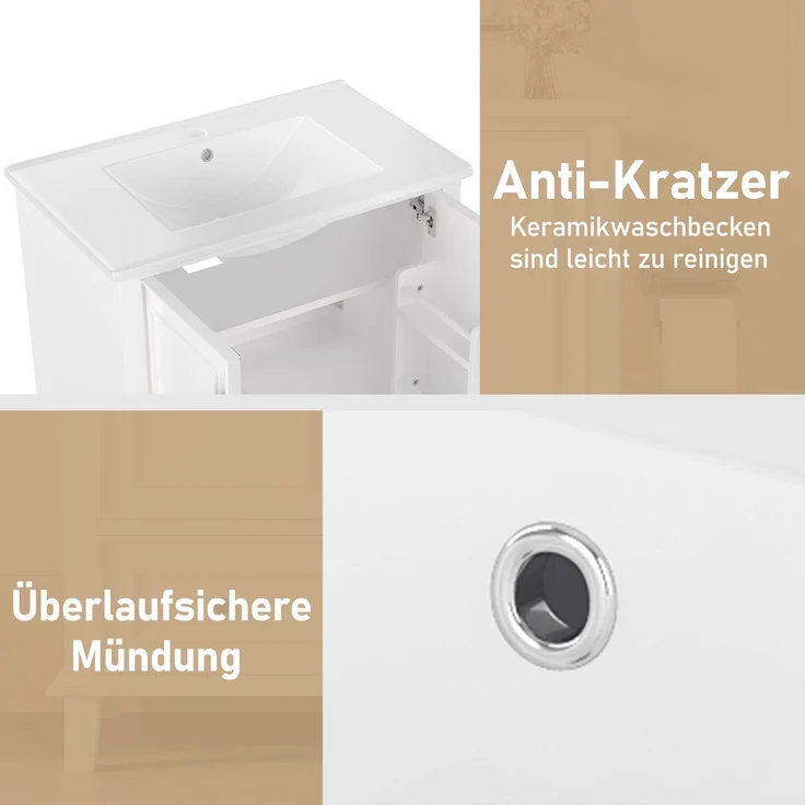 Badezimmerschrank 76 x 46 x 87 cm mit Keramikbecken, viel Stauraum & Massivholzbeinen – Moderner Waschtischschrank,Weiß – Bild 8