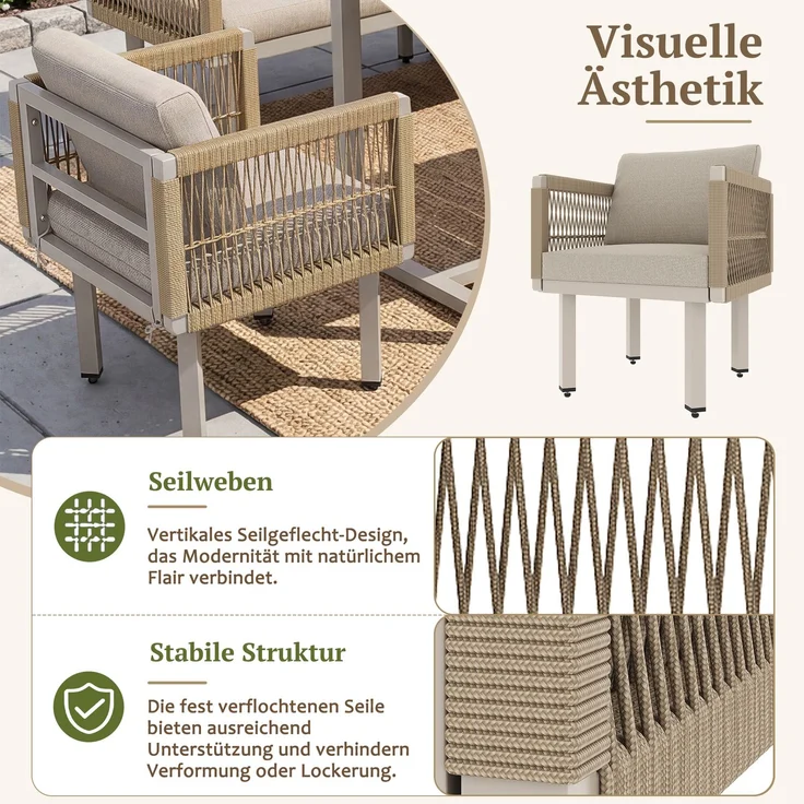 Merax 6-teiliges Gartenlounge-Set, Ecksofa mit 2 Sesseln & Tisch, wetterfestes Stahlgestell, Seilgeflecht-Design, Outdoor Lounge für Balkon & Terrasse, Beige – Bild 7