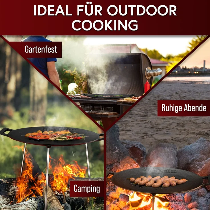 Feuerplatte 45 cm aus Gusseisen – mit abnehmbaren, 3-fach verstellbaren Füßen, massive Grillplatte für Feuerstelle, Plancha & Outdoor – Bild 5